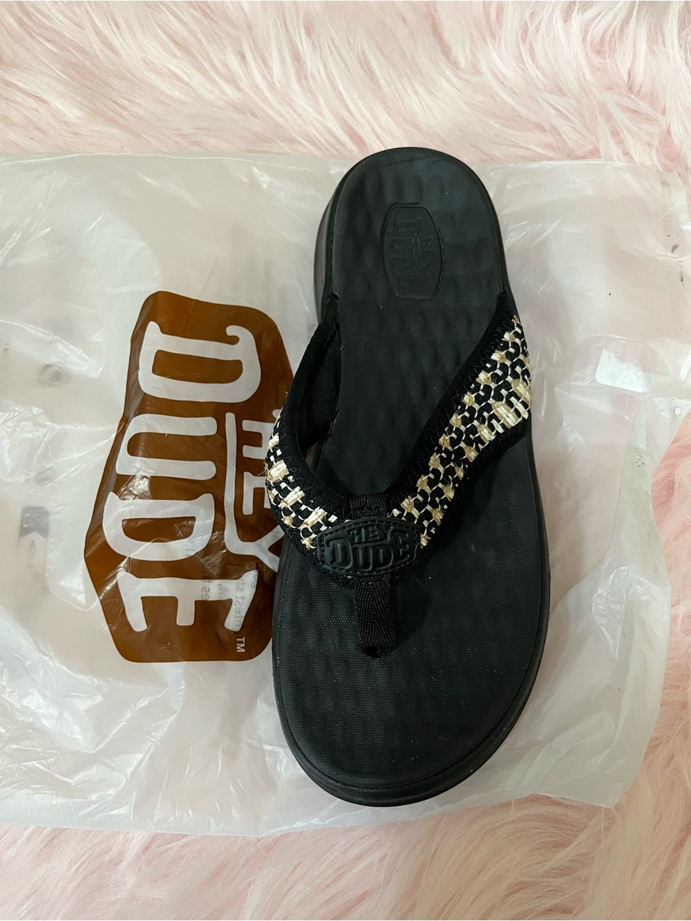 Hey Dude Black Flip Flop with Leopard-Print Straps